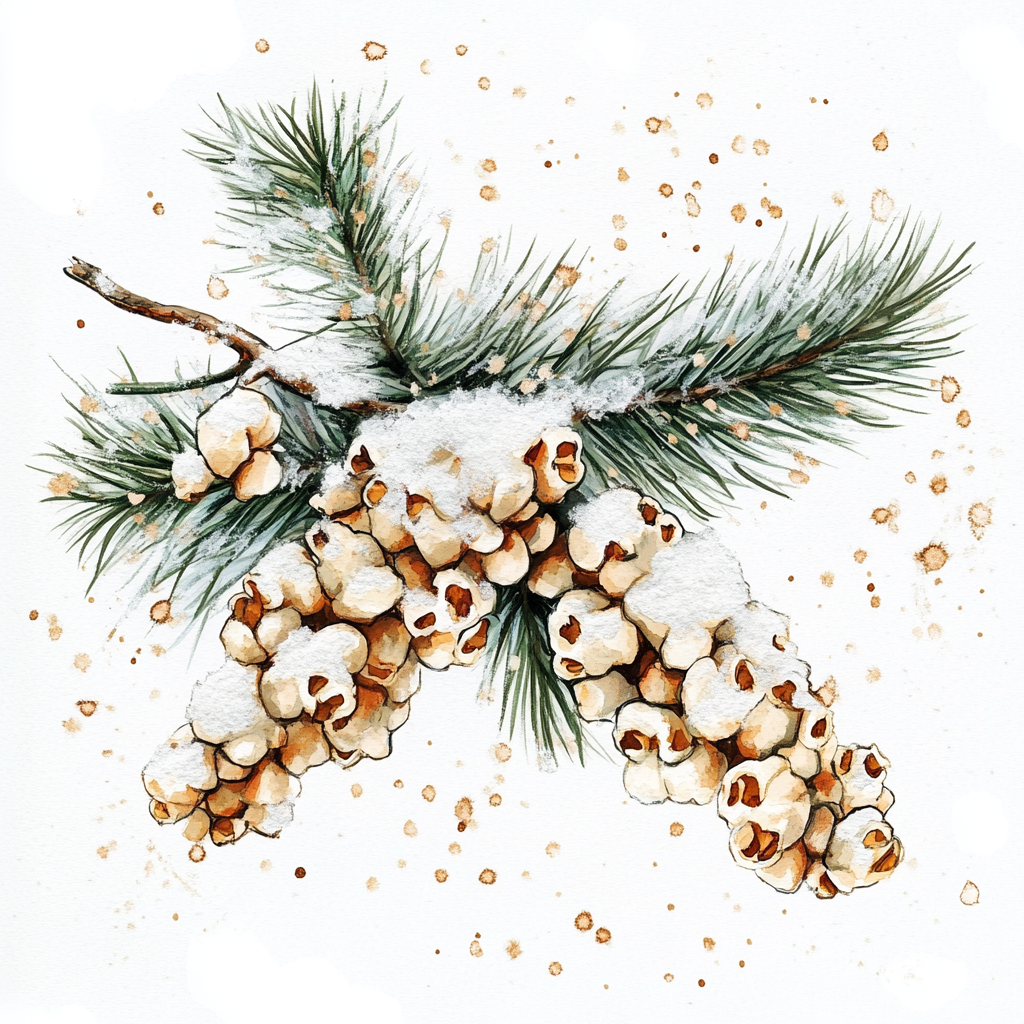 Watercolour painting of popcorn garland on furry Christmas tree.