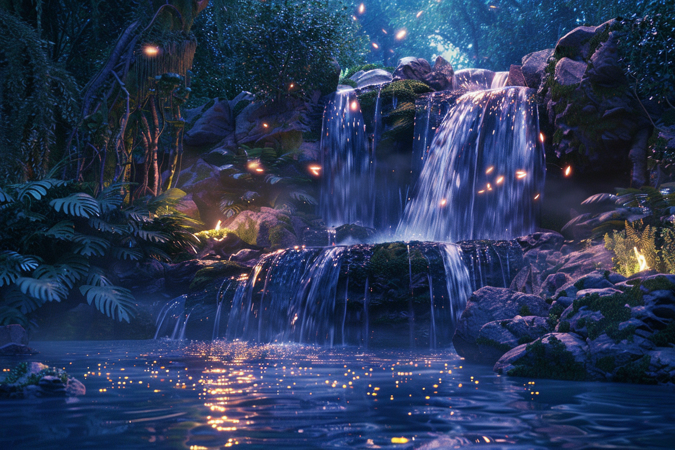 Waterfall at dusk with fireflies above crystal-clear pool.