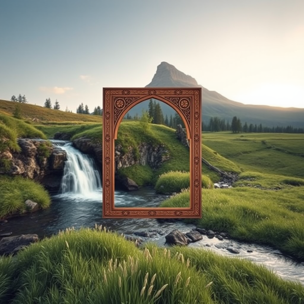 Waterfall next to a frame in meadow.