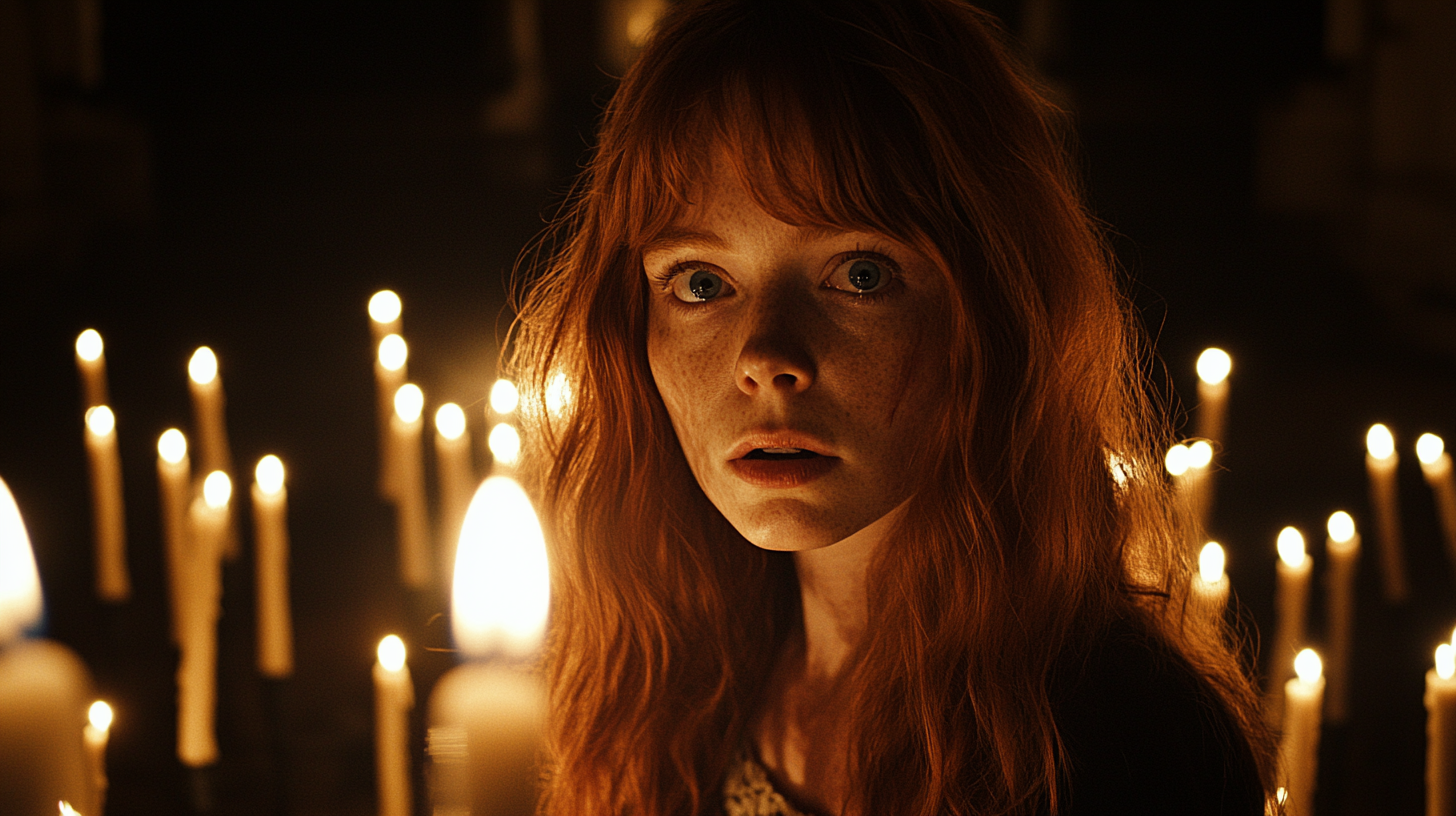 Wavy red hair, haunting blue eyes in candle-lit house.