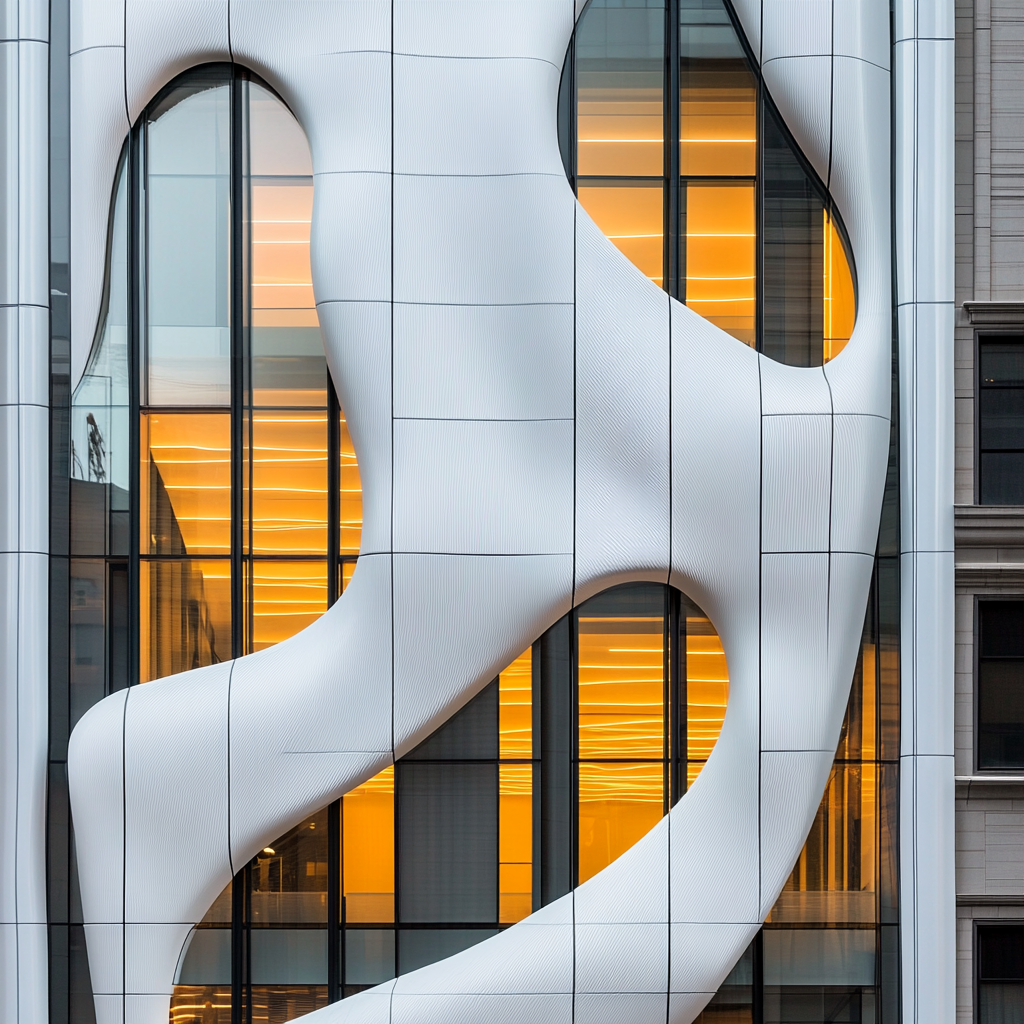 Wavy urban building with golden light reflection in windows.