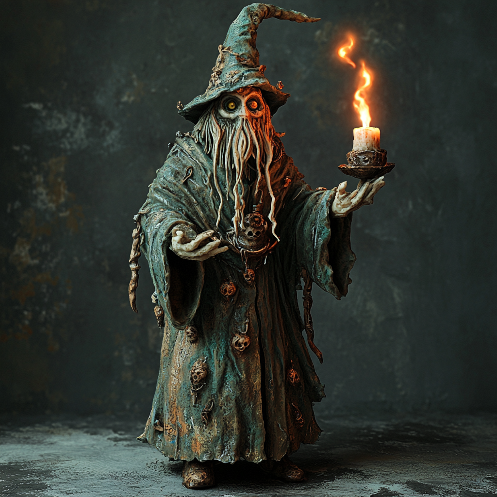 Wax candle wizard with lit wick hair, anthropomorphic.