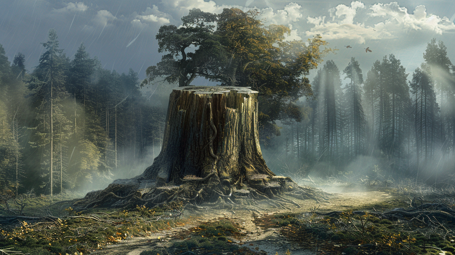 Wayne Reynolds art: Big tree stump in foggy forest.