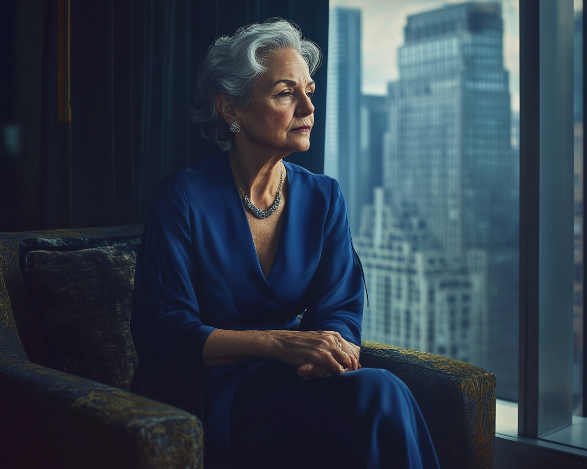 Wealthy older woman in Manhattan sitting on expensive furniture