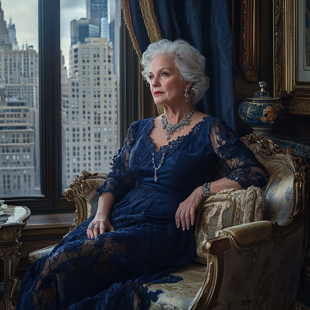 Wealthy older woman in dark blue, classy and rich.