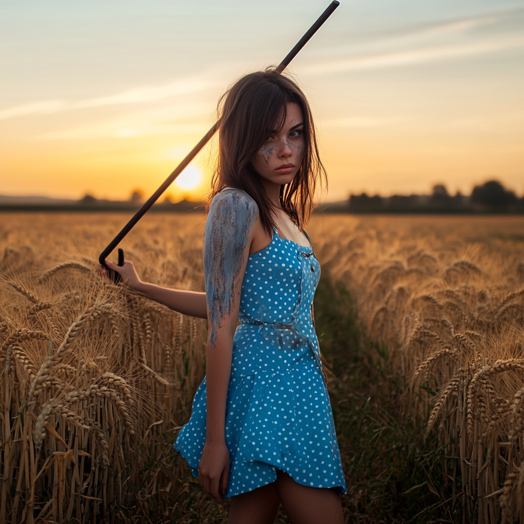 Weathered brunette woman in blue sundress in wheat field.