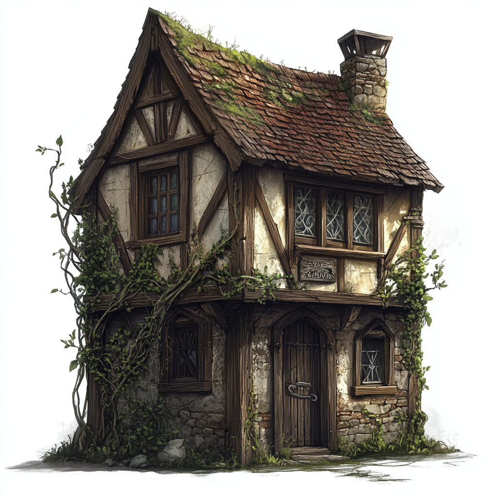 Weathered building with mossy roof, vines, and herbal scents.