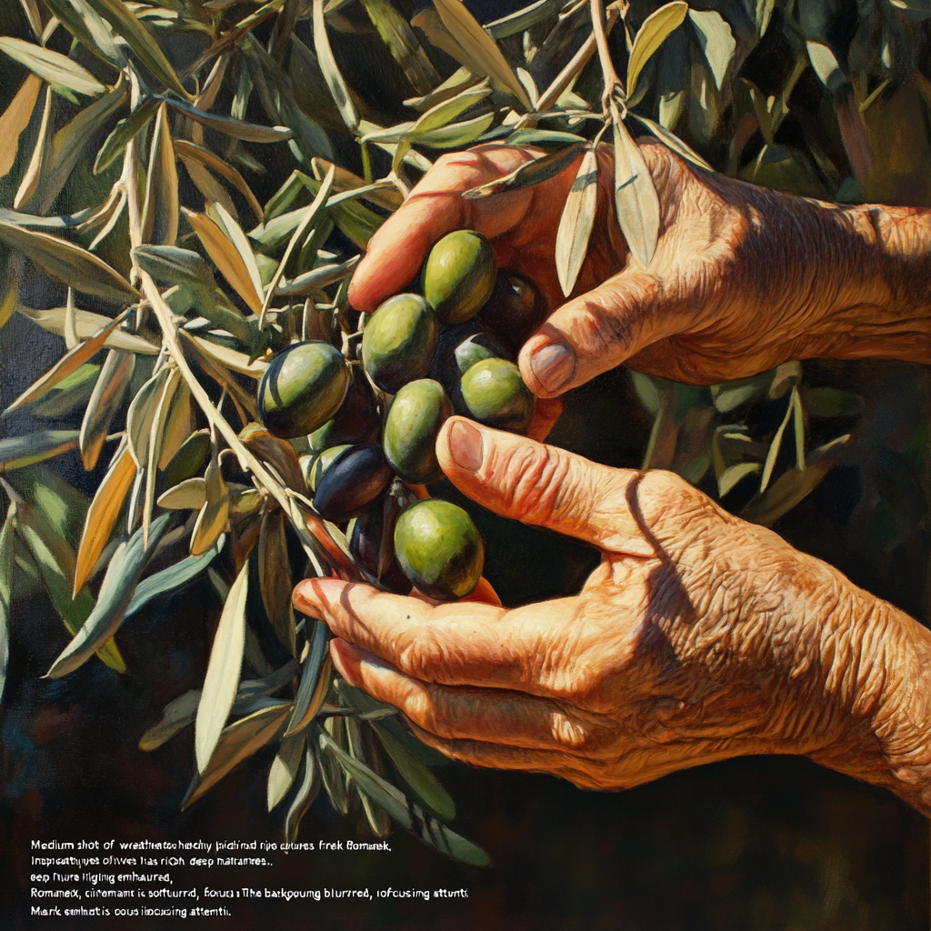 Weathered hands picking green olives under sunlight carefully