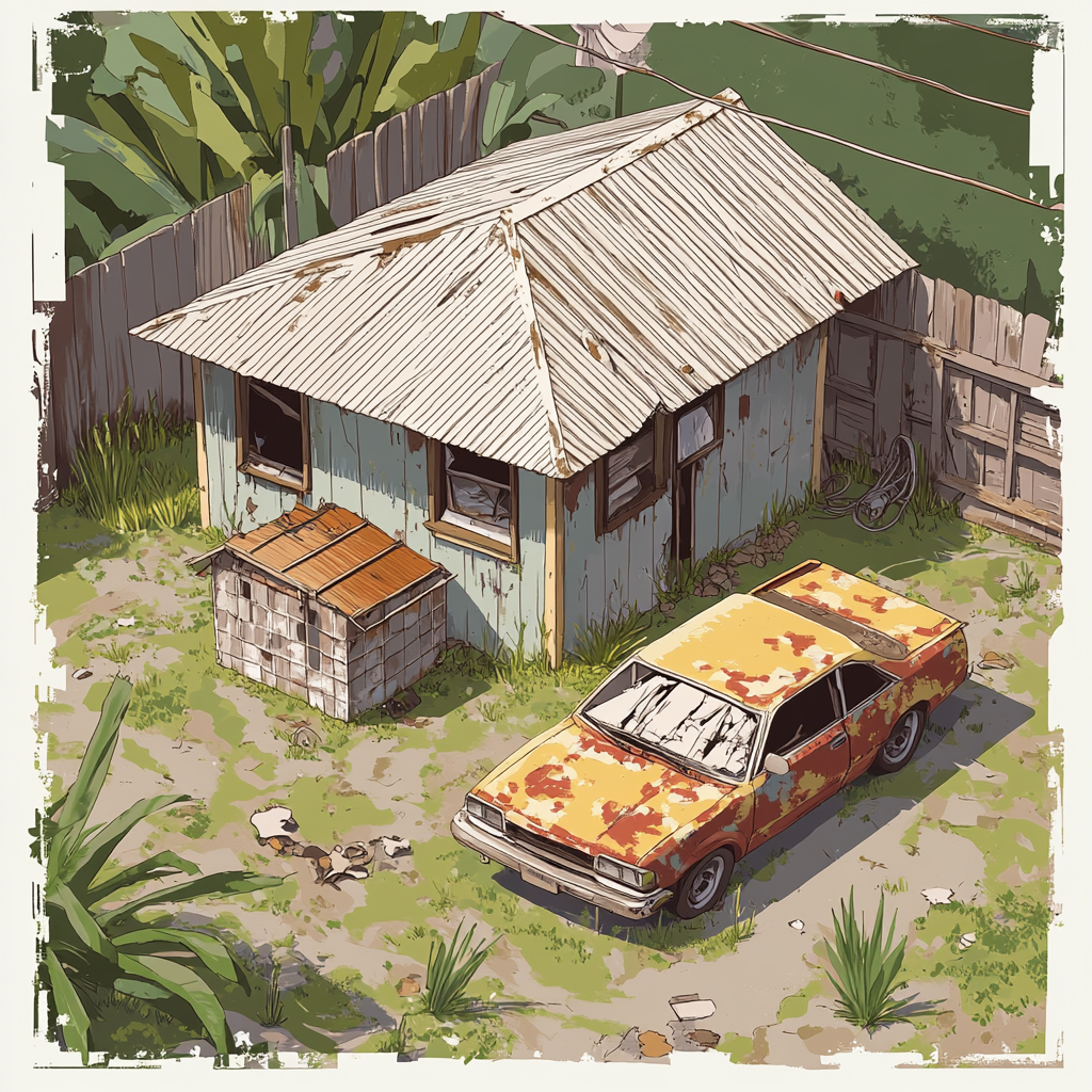 Weathered home in Hawaii with chicken coop and Toyota.