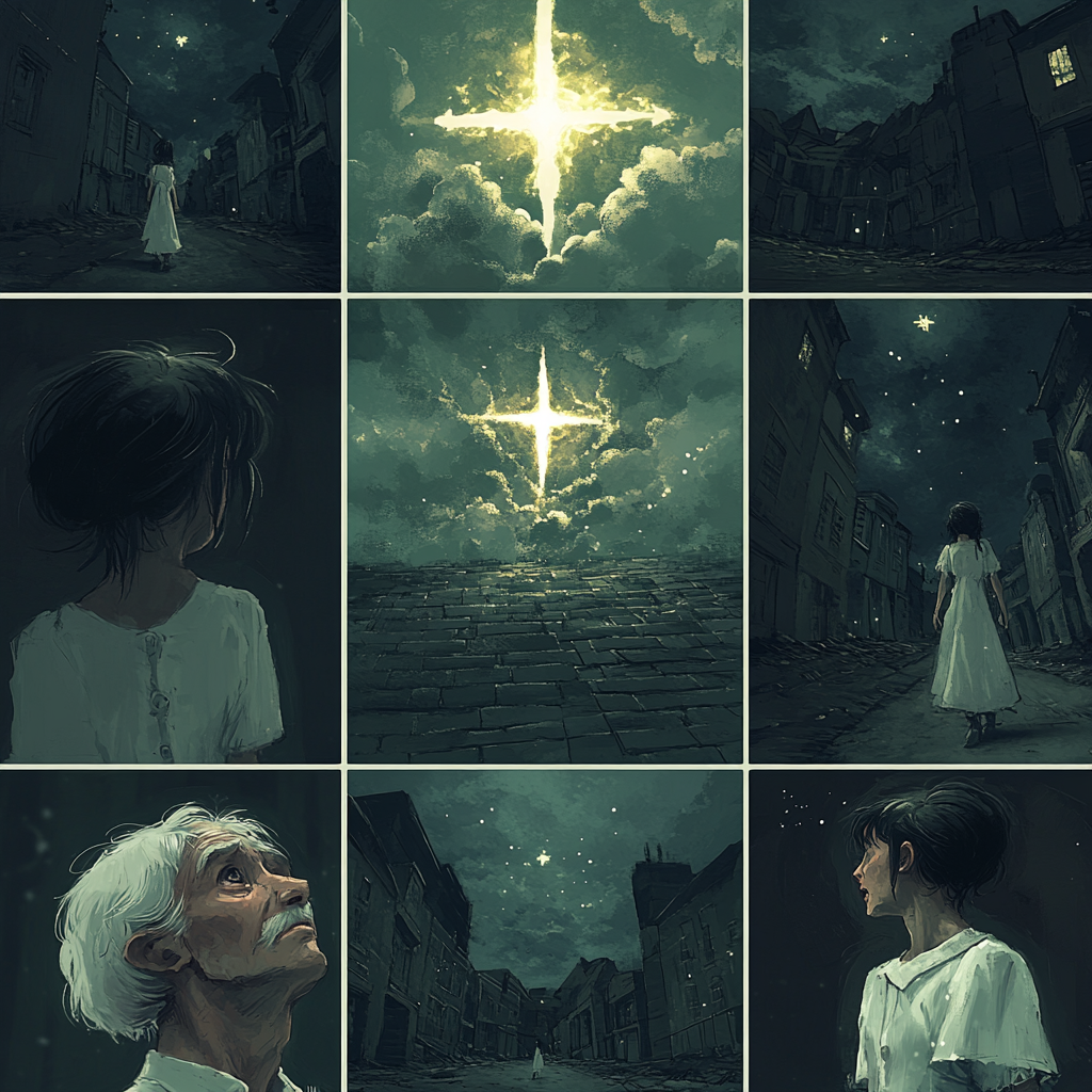 Webtoon Scene: Monet Style, Girl, Old Man, Cross.