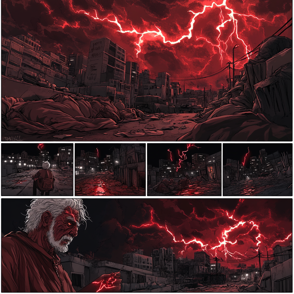 Webtoon Scene: Old Man, Beggars, Red Lightning, Night Street