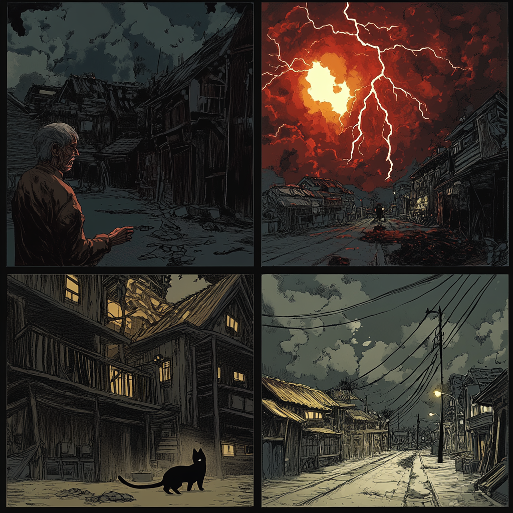 Webtoon scene: old man, black cat, red lightning.