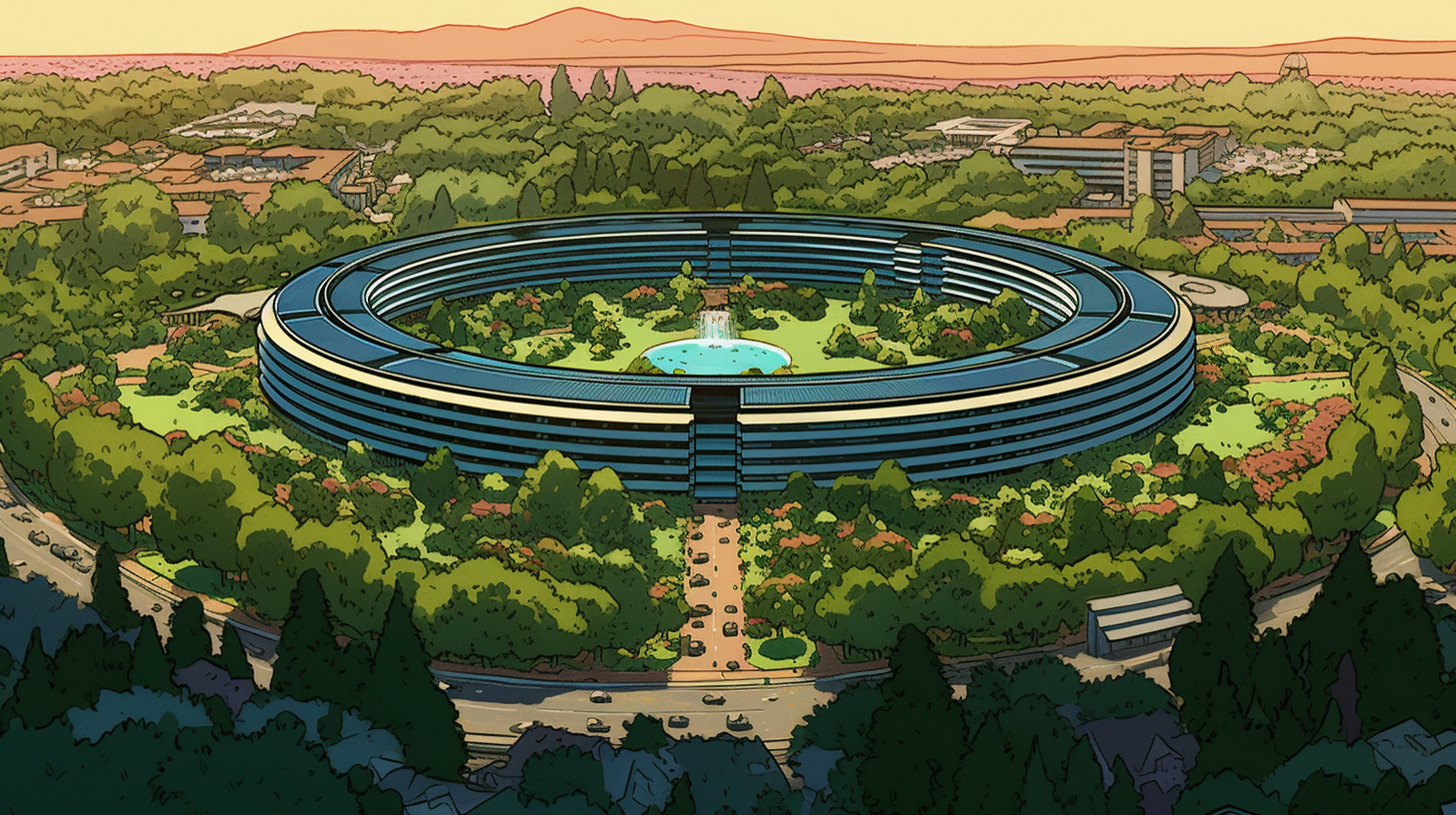 Webtoon-style illustration of Apple Park with vibrant colors.