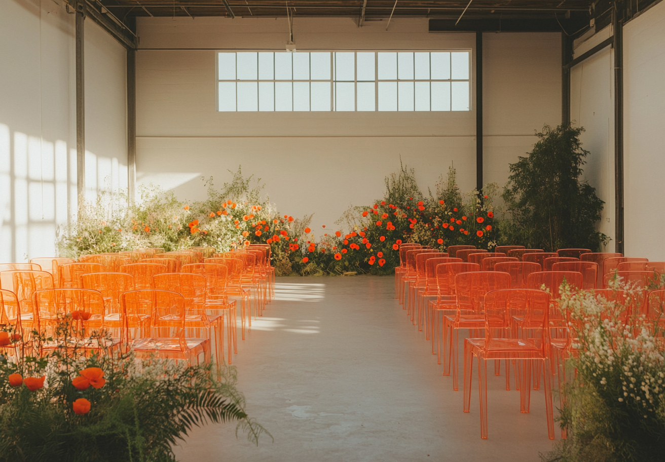 Wedding Decor with Orange Flowers in Old Warehouse