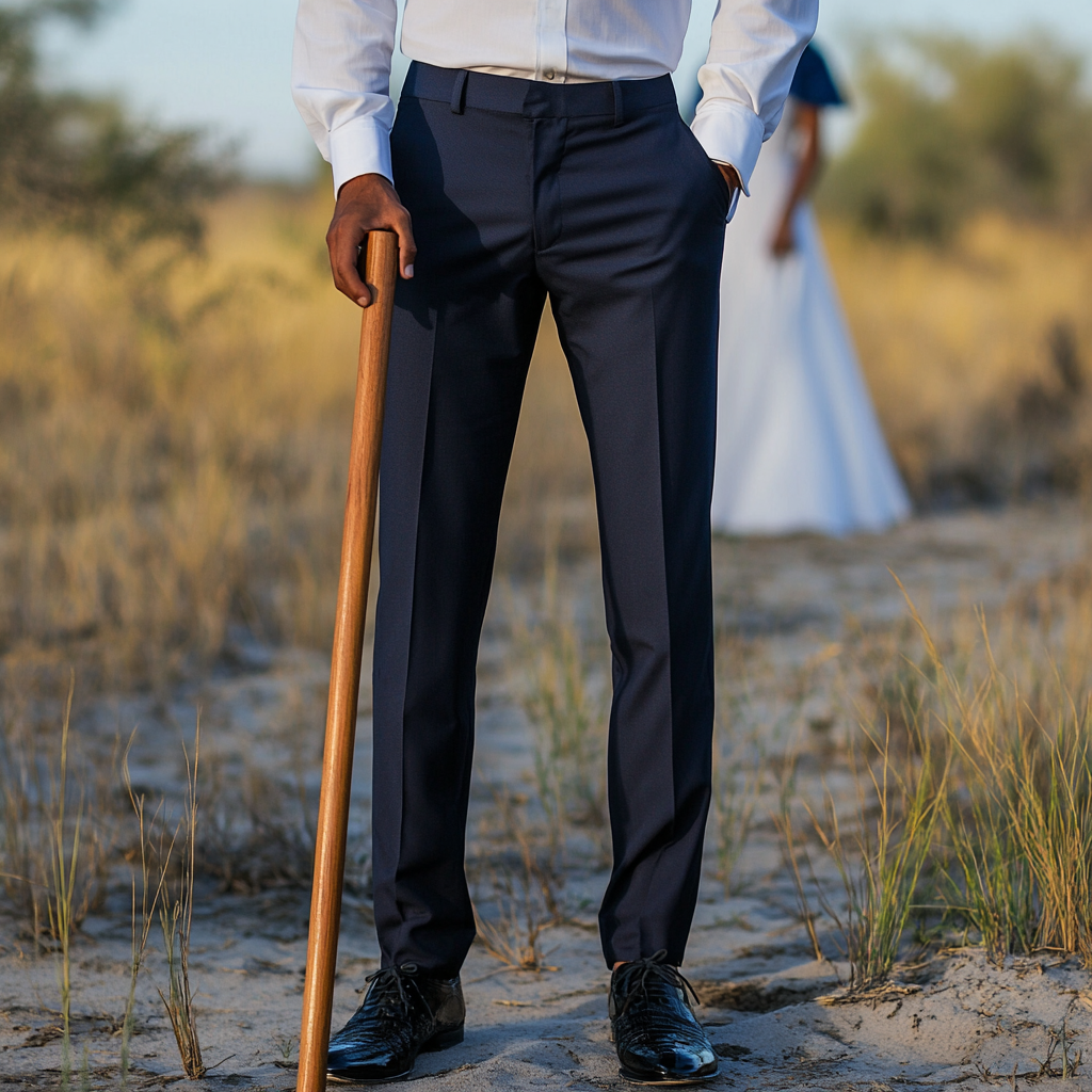 Wedding groom in Botswana, holding wooden staff, modern.