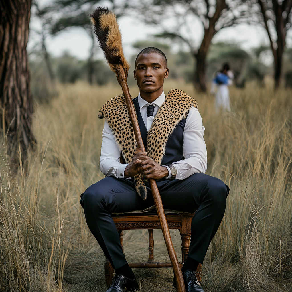 Wedding groom in Botswana holding wooden staff.