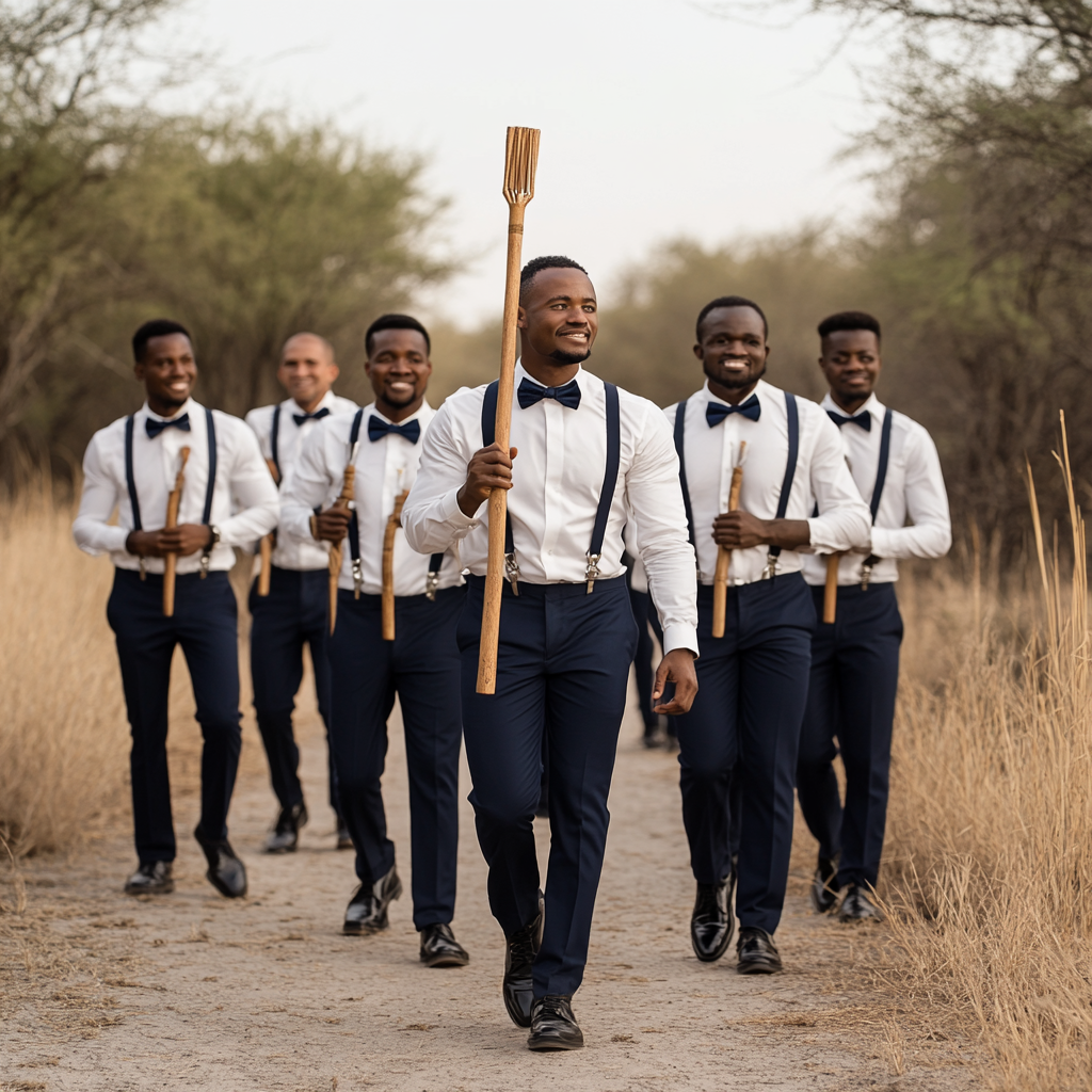 Wedding groom with groomsmen in Botswana, stylish attire.