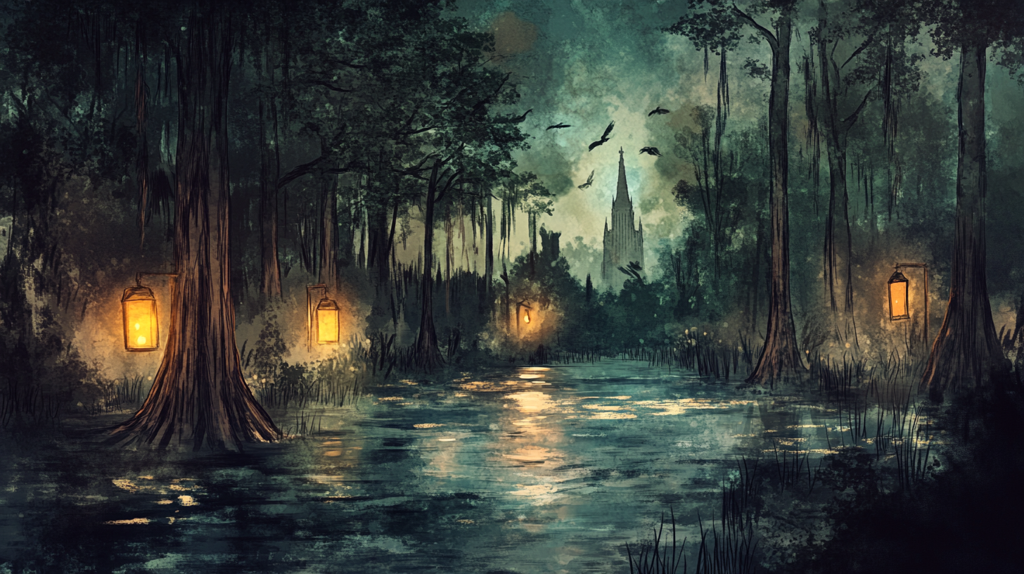 Wedding scene sketch in cypress swamp mixed with cathedral.