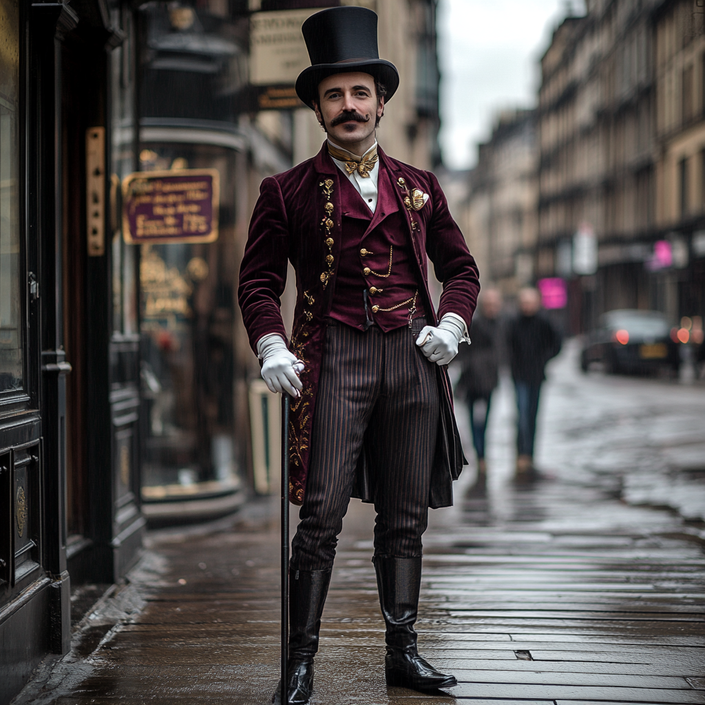 Well dressed man in 1950s Scottish city joyfully in rain