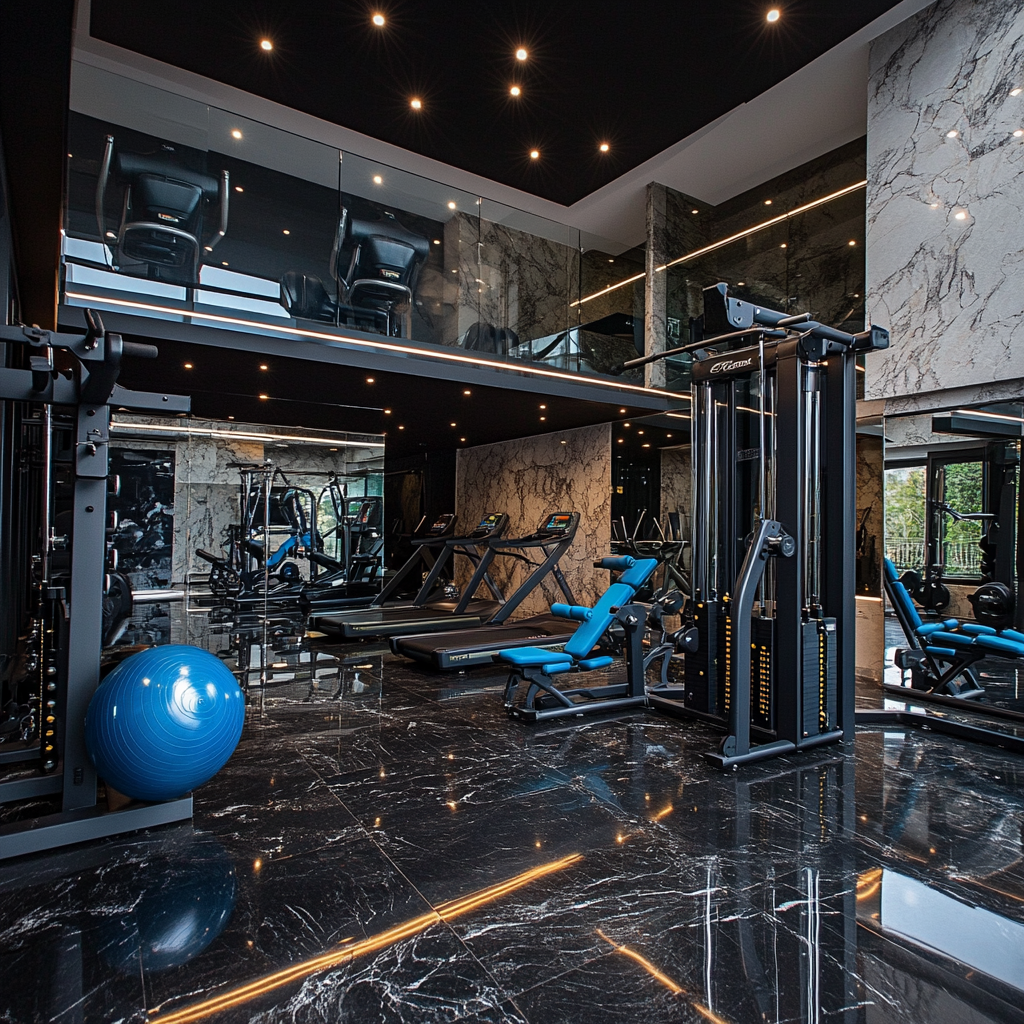 Well-equipped gym with mezzanine, nautilus equipment, black marble floor.