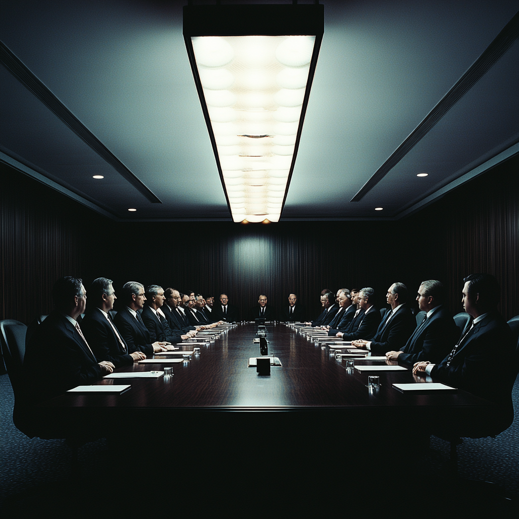 Well lit boardroom with executives in black suits.