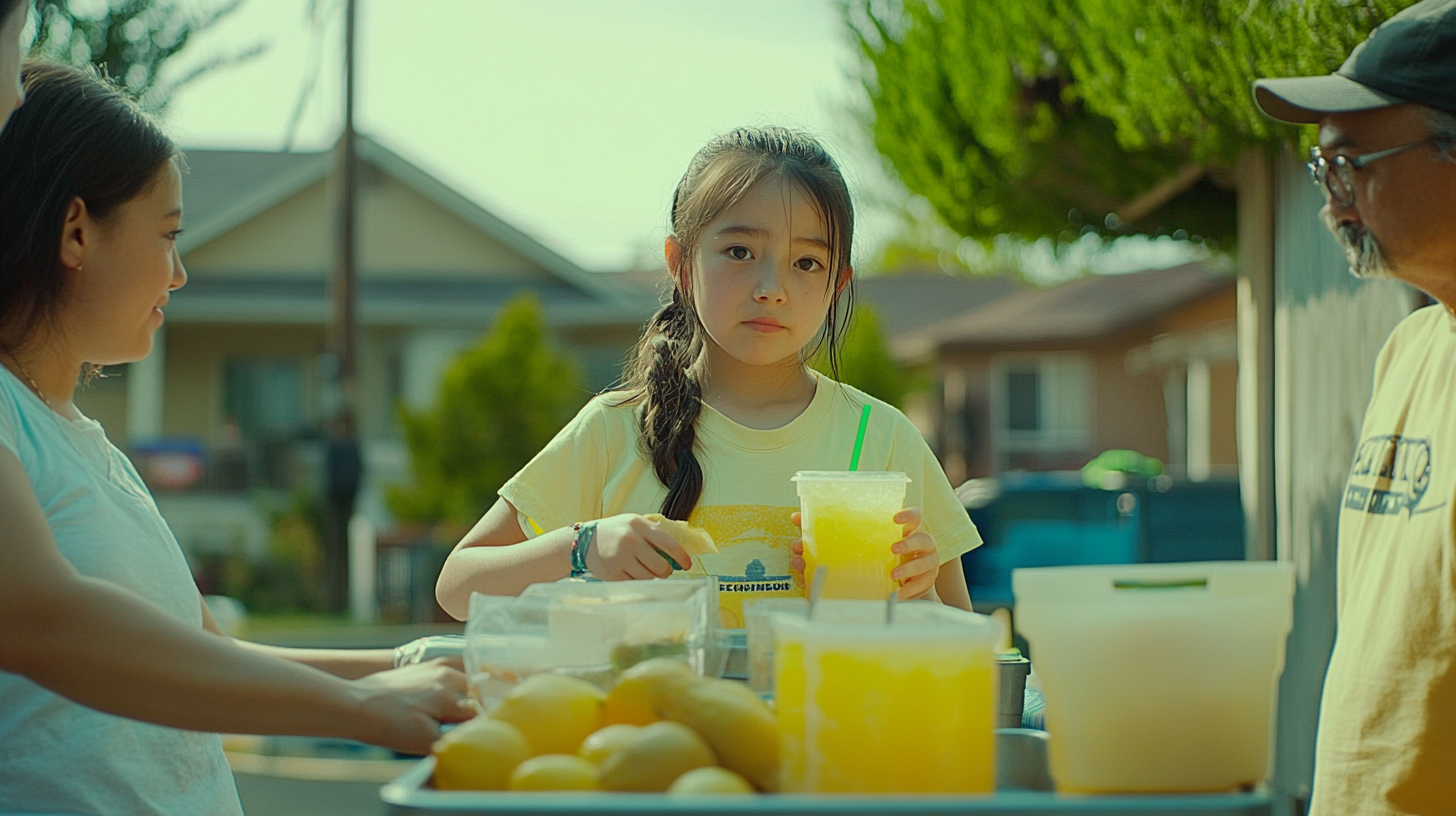 Wes Anderson style lemonade stand with young girl serving.