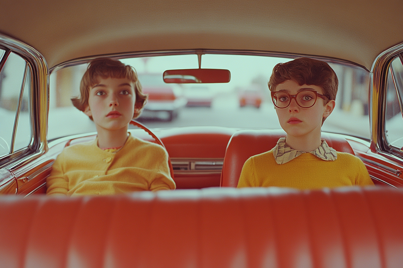 Wes Anderson-style shot of parents with son in car.