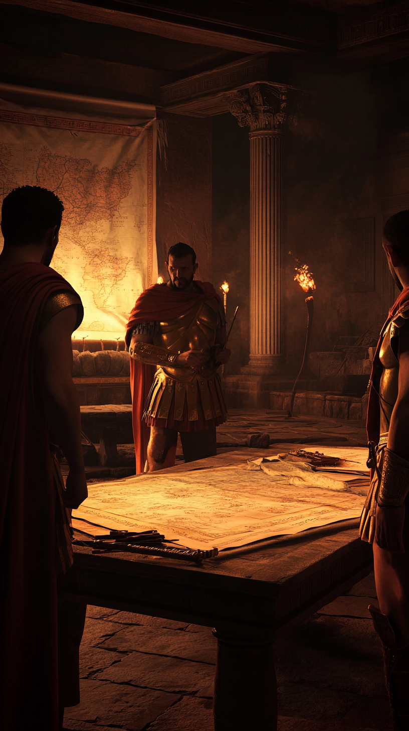 West Roman officials conspiring, wearing togas, military attire.