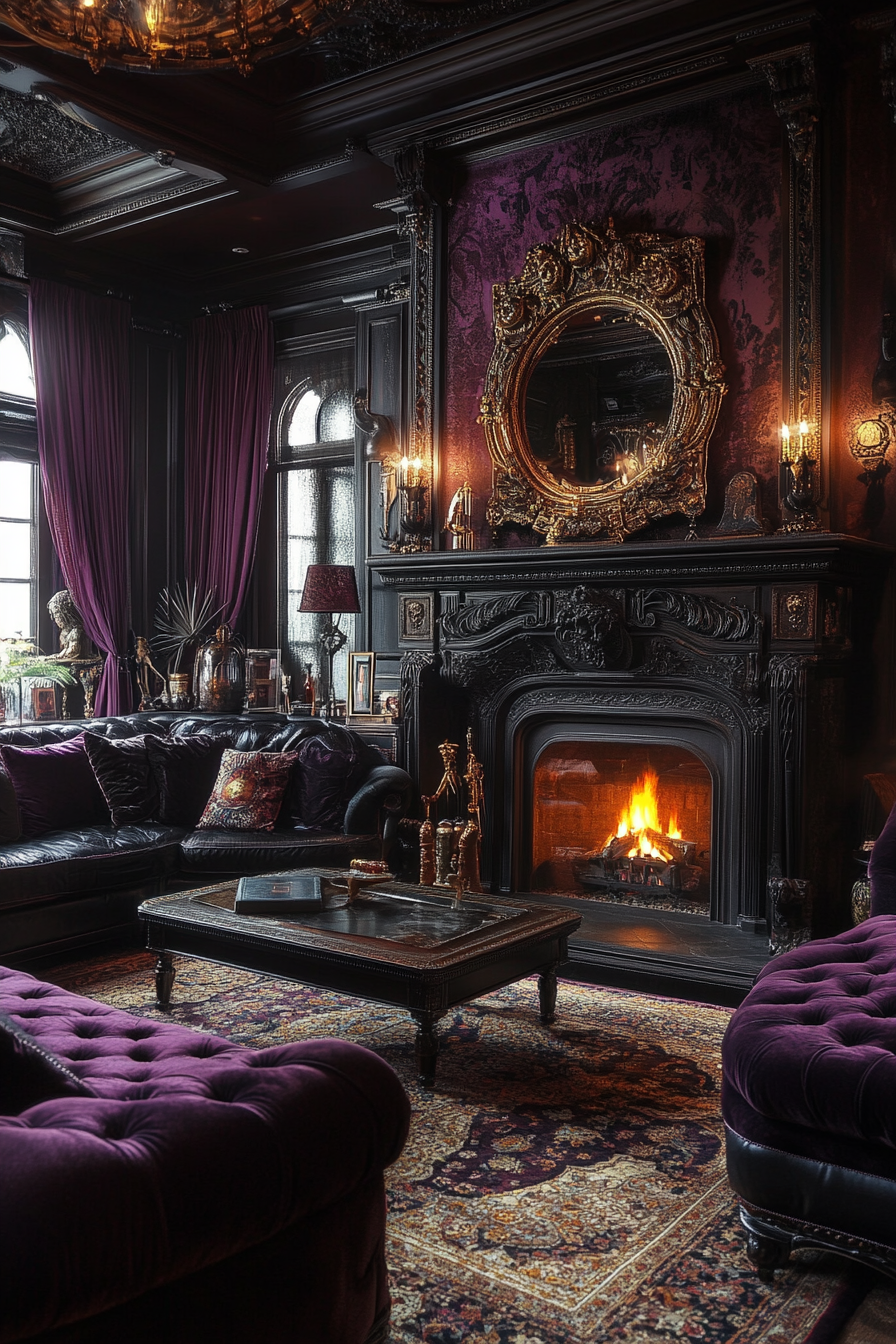 Western Gothic Living Room with Dark Colors and Luxurious Textures.