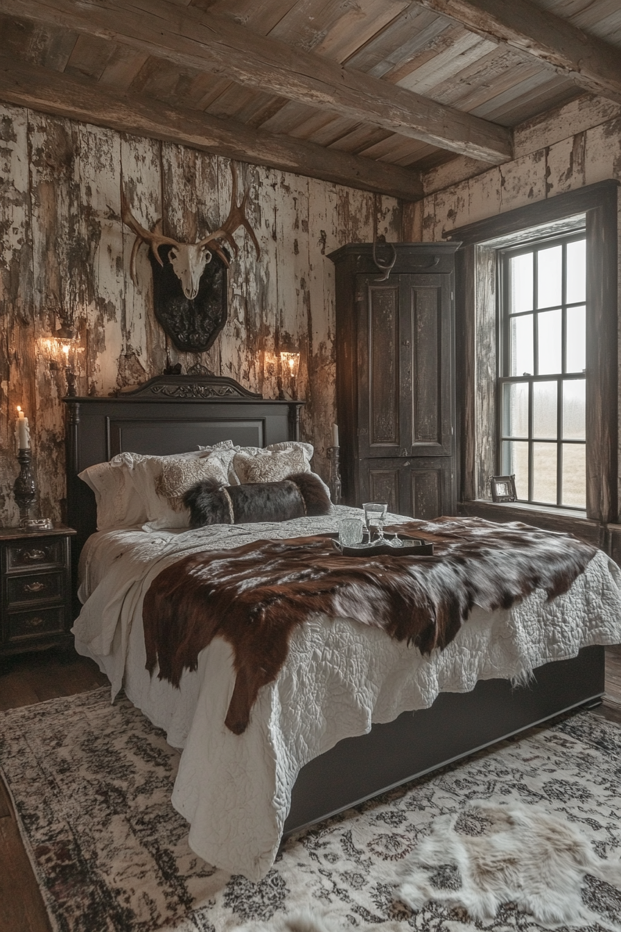 Western Gothic bedroom with mystical and rustic elements. Organized.