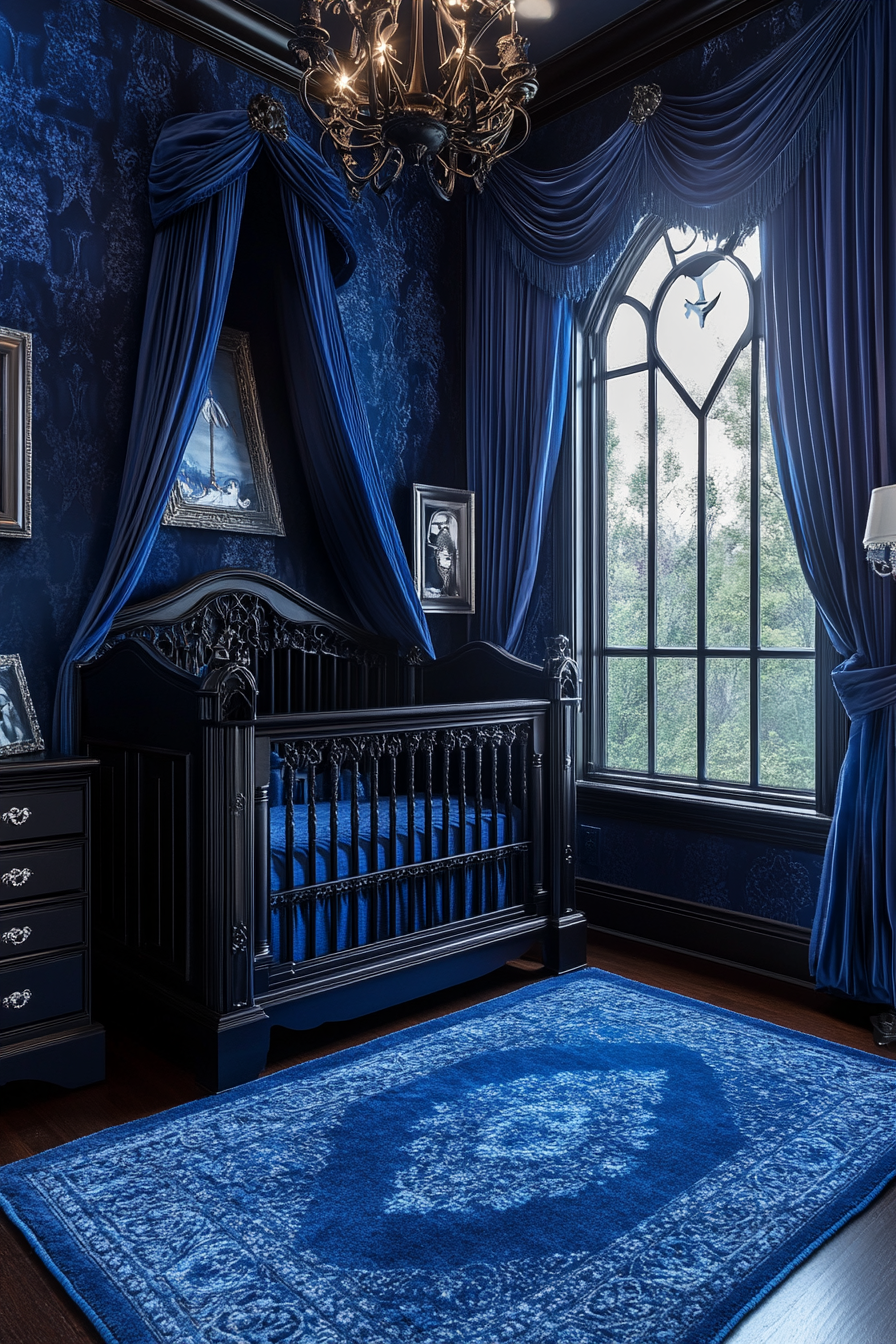 Western Gothic nursery inspired by Sapphire Sanctum, regal environment