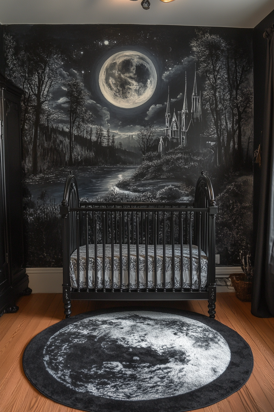 Western Gothic nursery with Midnight Murals theme, black crib.