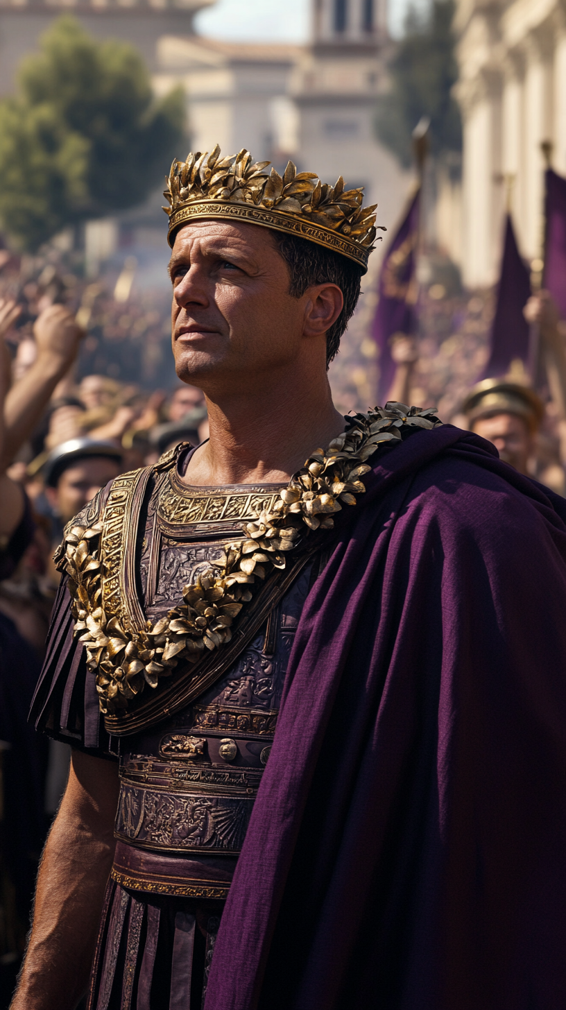 Western Roman rulers in triumphal parade, golden laurel crowns.