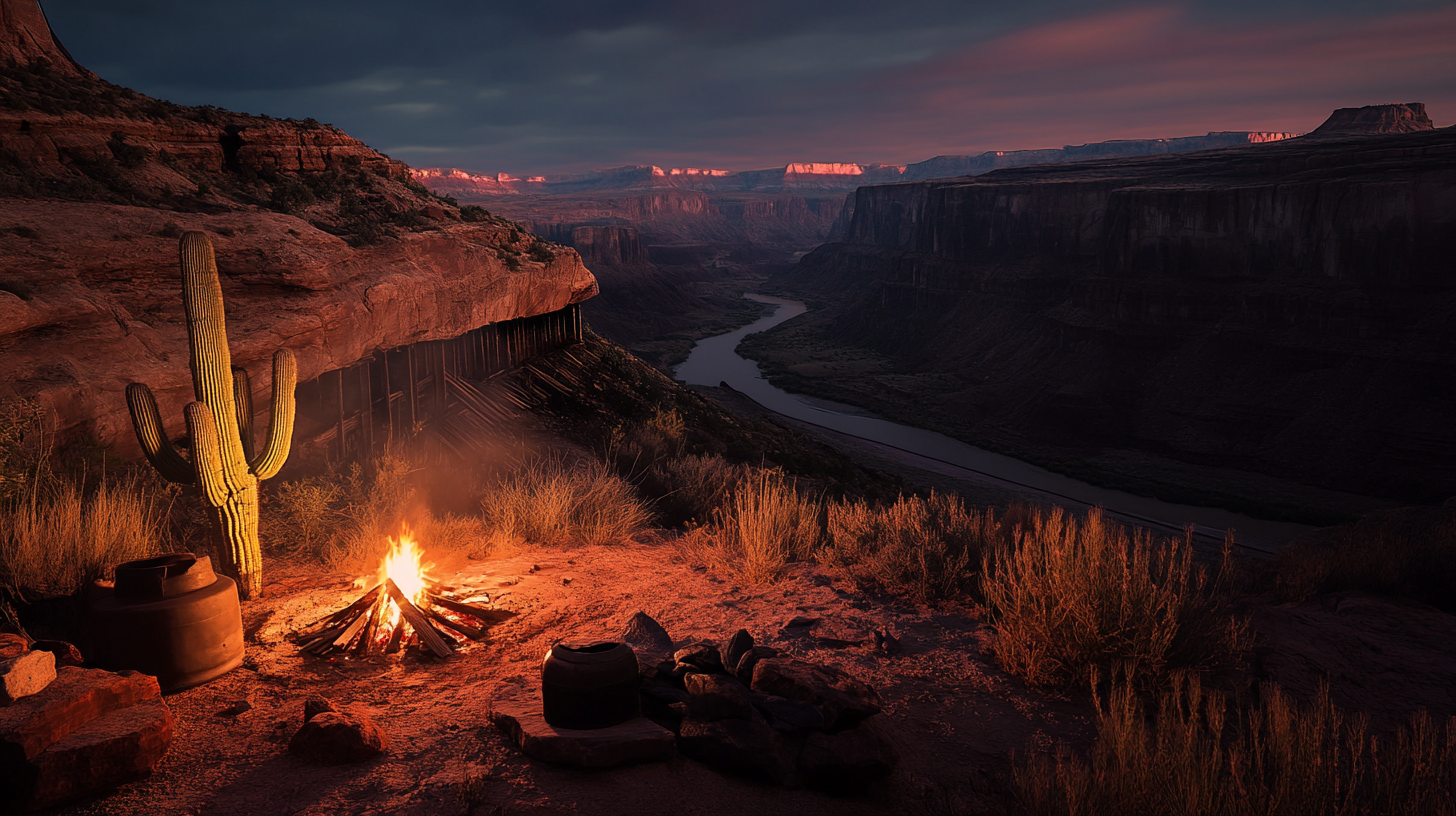 Western campfire scene at dawn, with cactus and lantern.