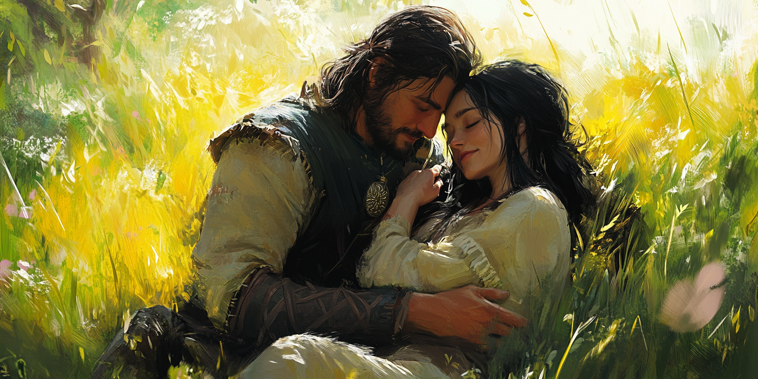 Western man with viking ancestry and Caucasian woman cuddling.