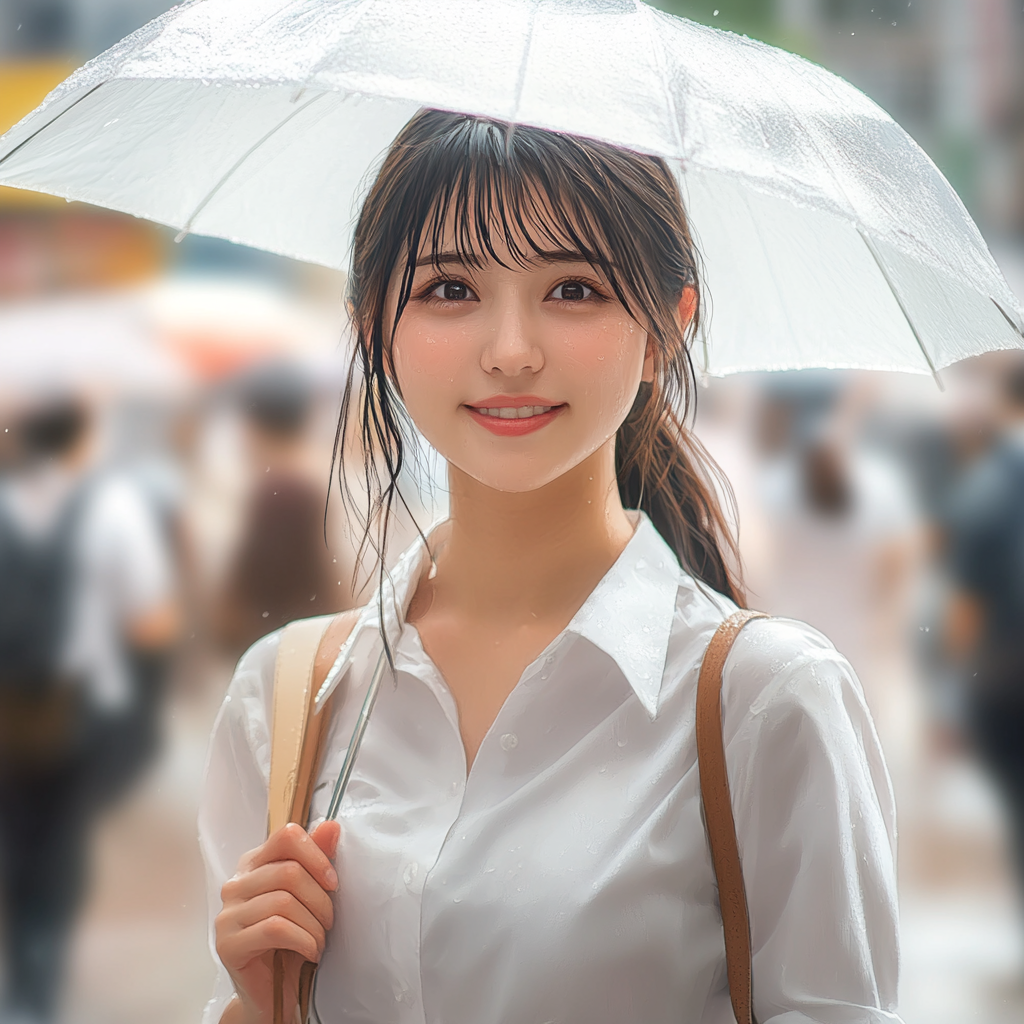 Wet Japanese woman in Tokyo's busy morning rain