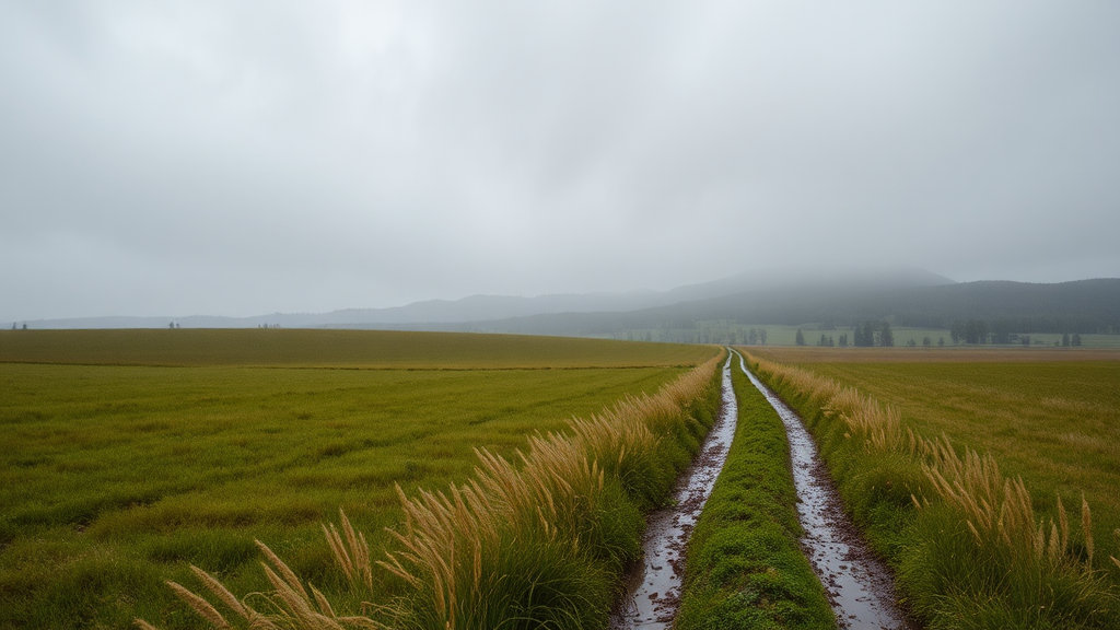 Wet field with a trail, rainy scenery.