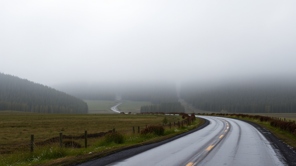 Wet road cutting through rainy nature scenery.