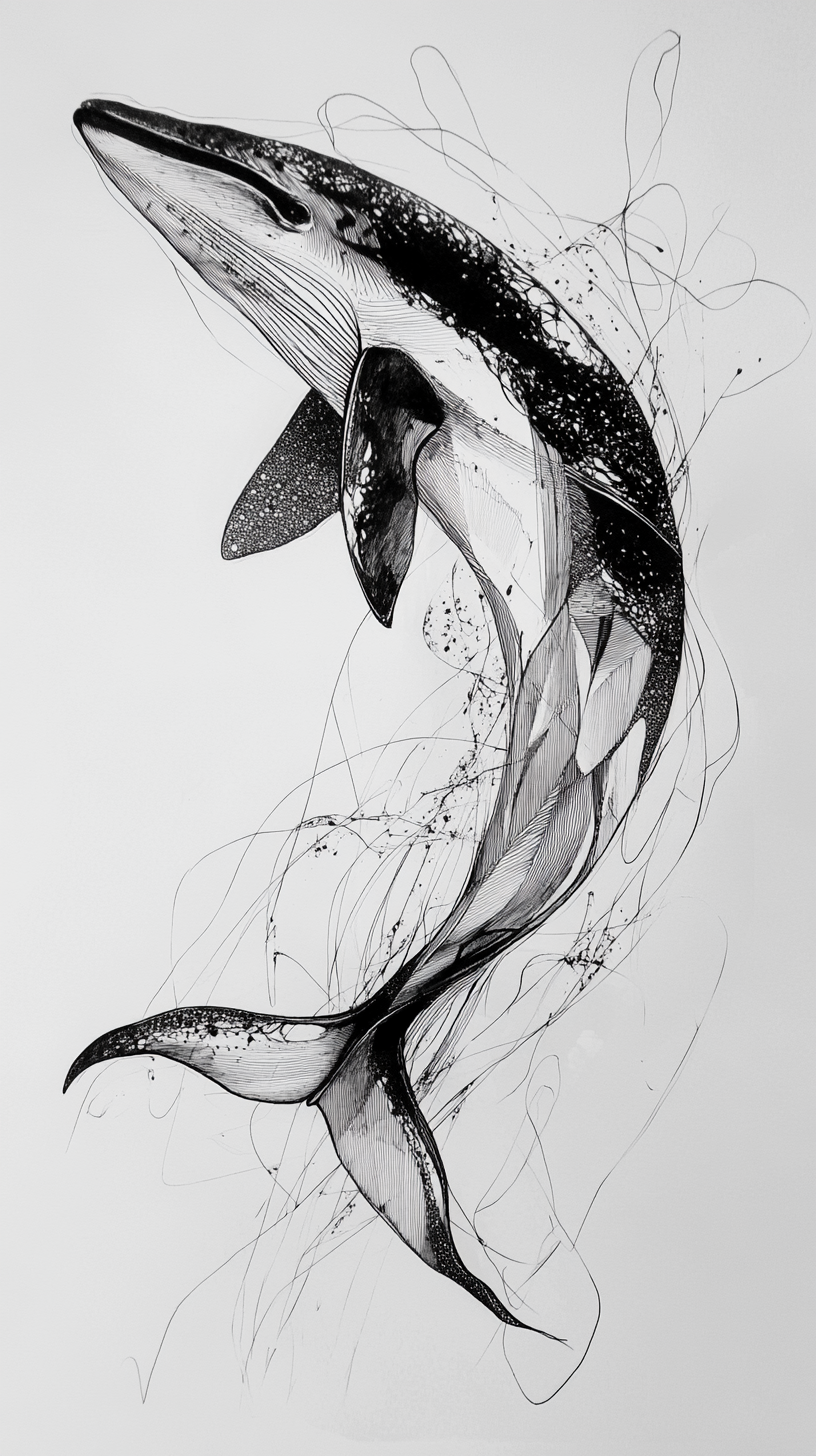 Whale drawn in abstract style with black ink.