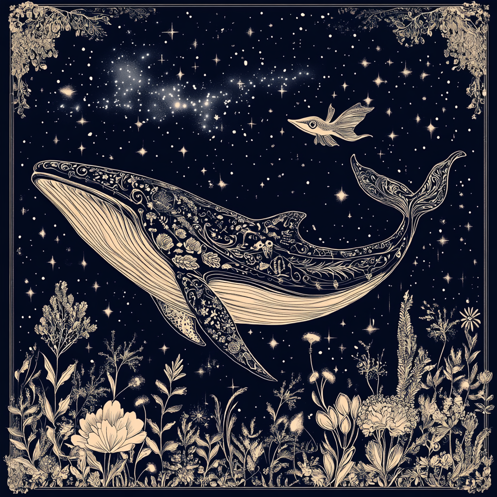 Whale in Starry Night: Stylized Fantasy Artwork