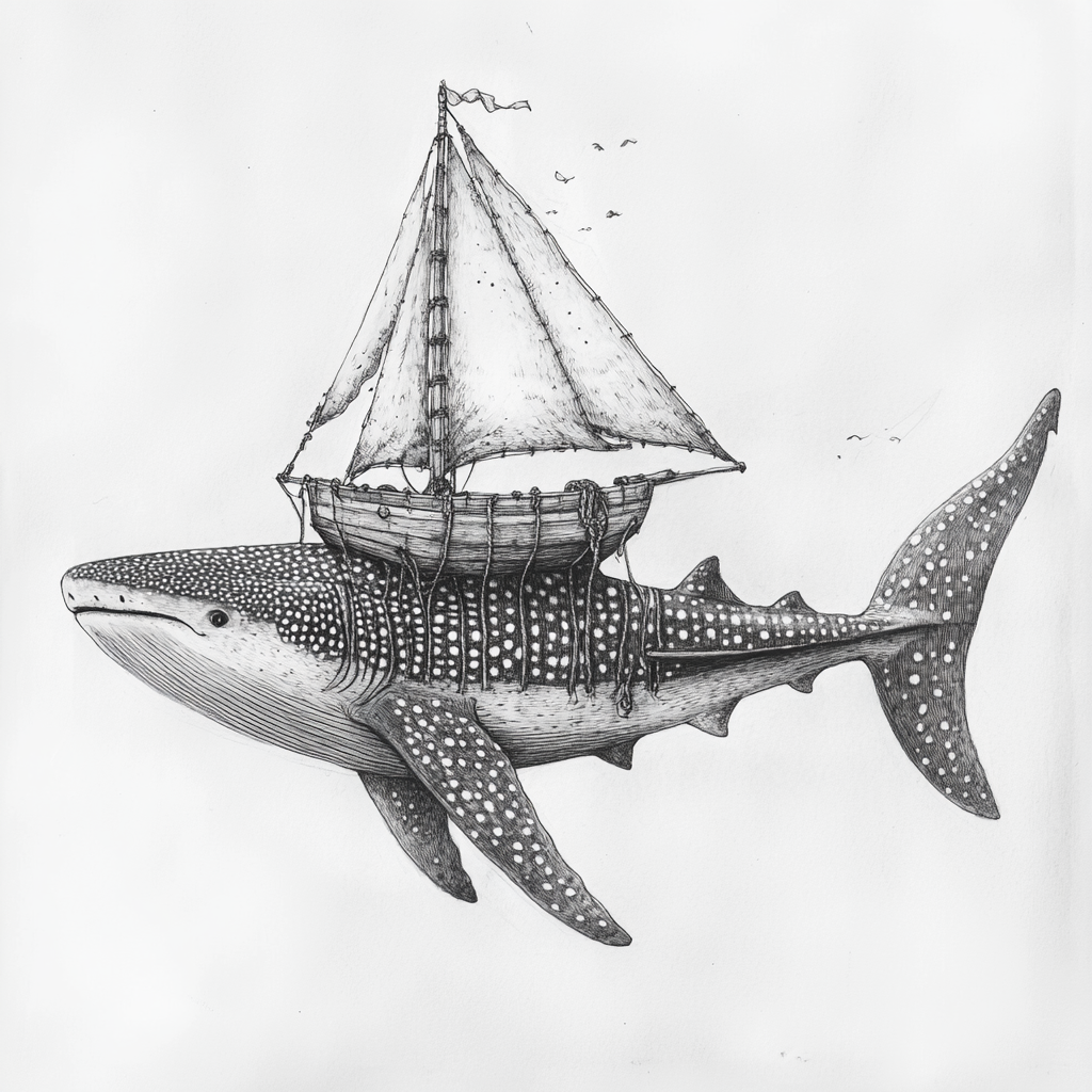 Whale shark with boat sail on its back.