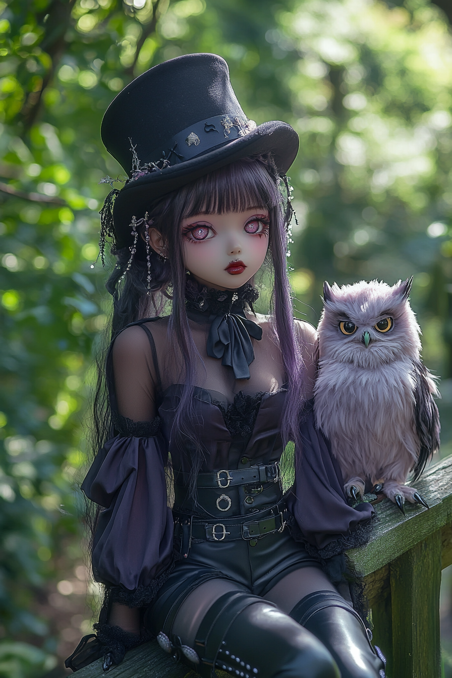 Whimsical, gothic, kawaii style art scene with girl.