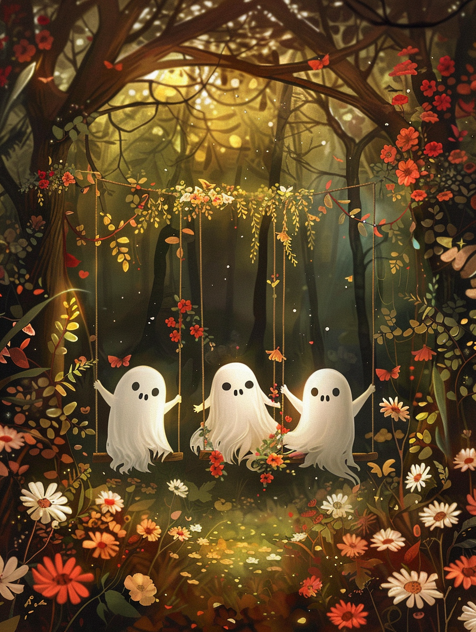 Whimsical Cute Ghosts on Swing in Enchanted Forest