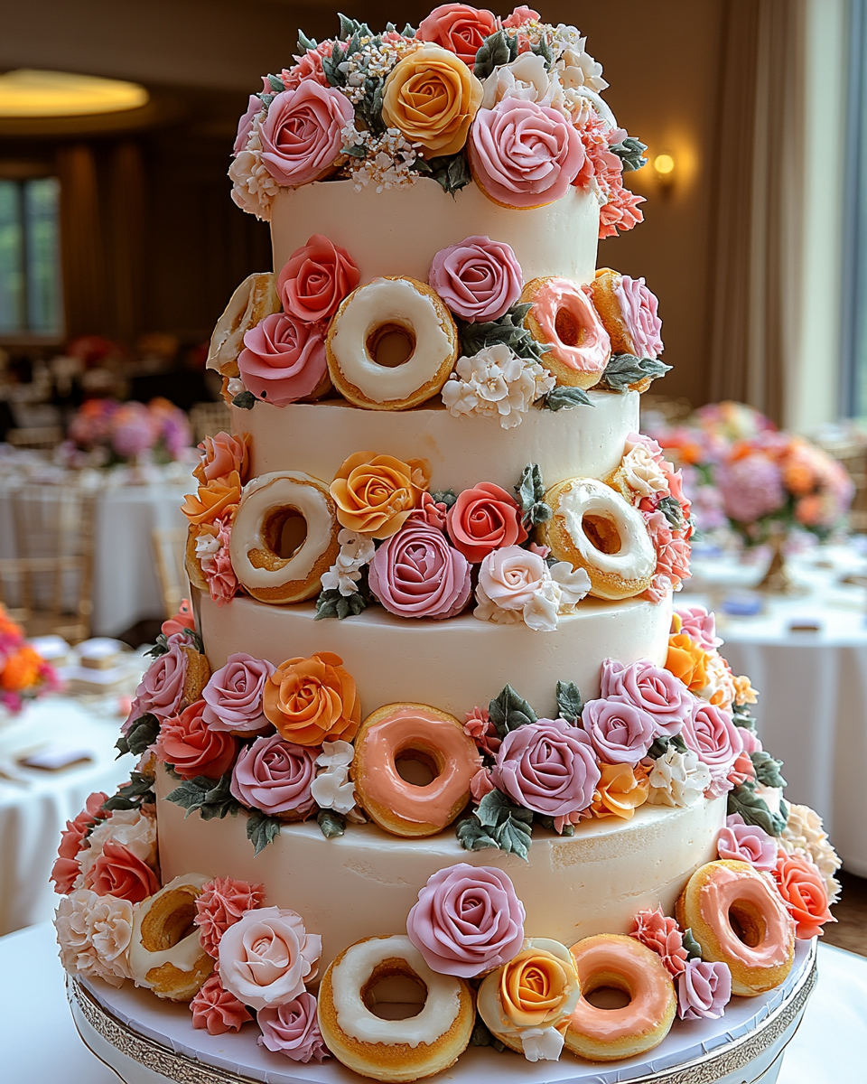 Whimsical Donut Wedding Cake at Birthday Banquet Hall