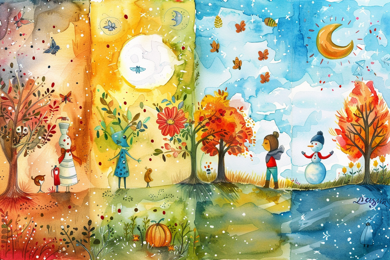 Whimsical Four Seasons Watercolor Illustration for Children