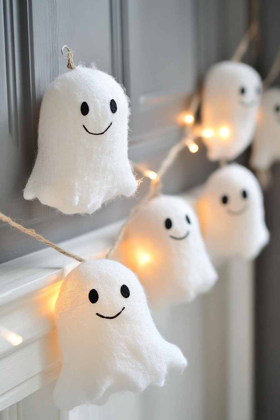 Whimsical Ghost Garland Decorated Space with Cute Ghost Cutouts