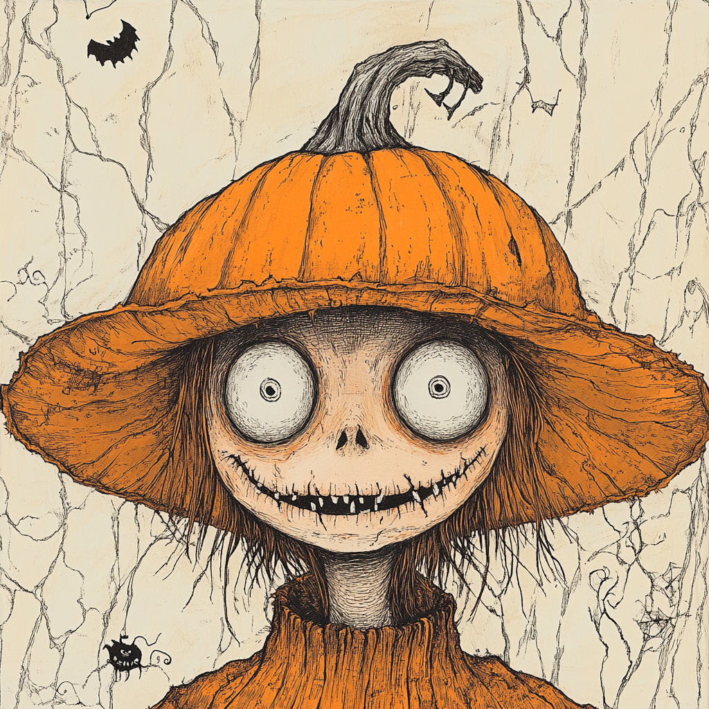 Whimsical Halloween character portrait with pumpkin hat