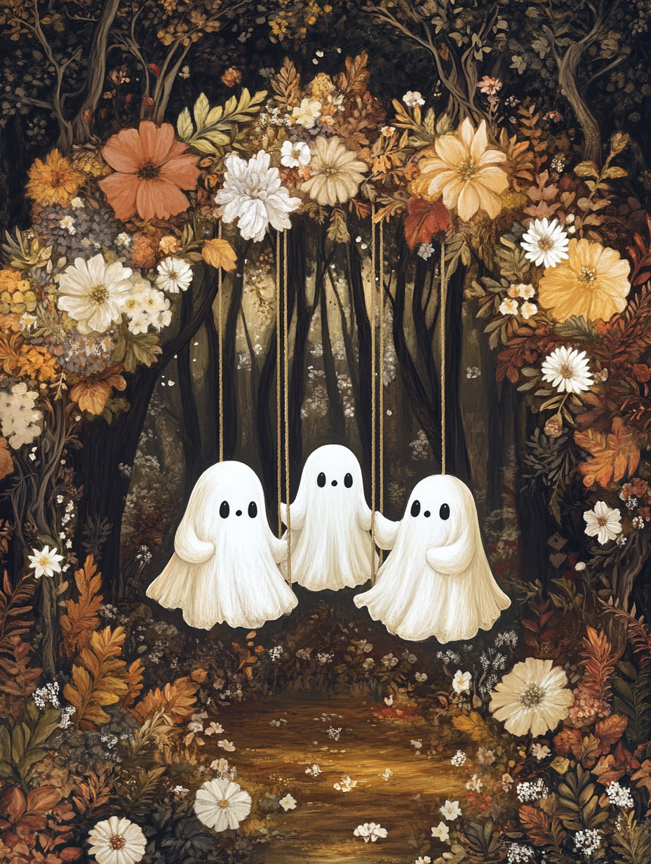 Whimsical Illustration: White Ghosts on Swing in Enchanted Forest