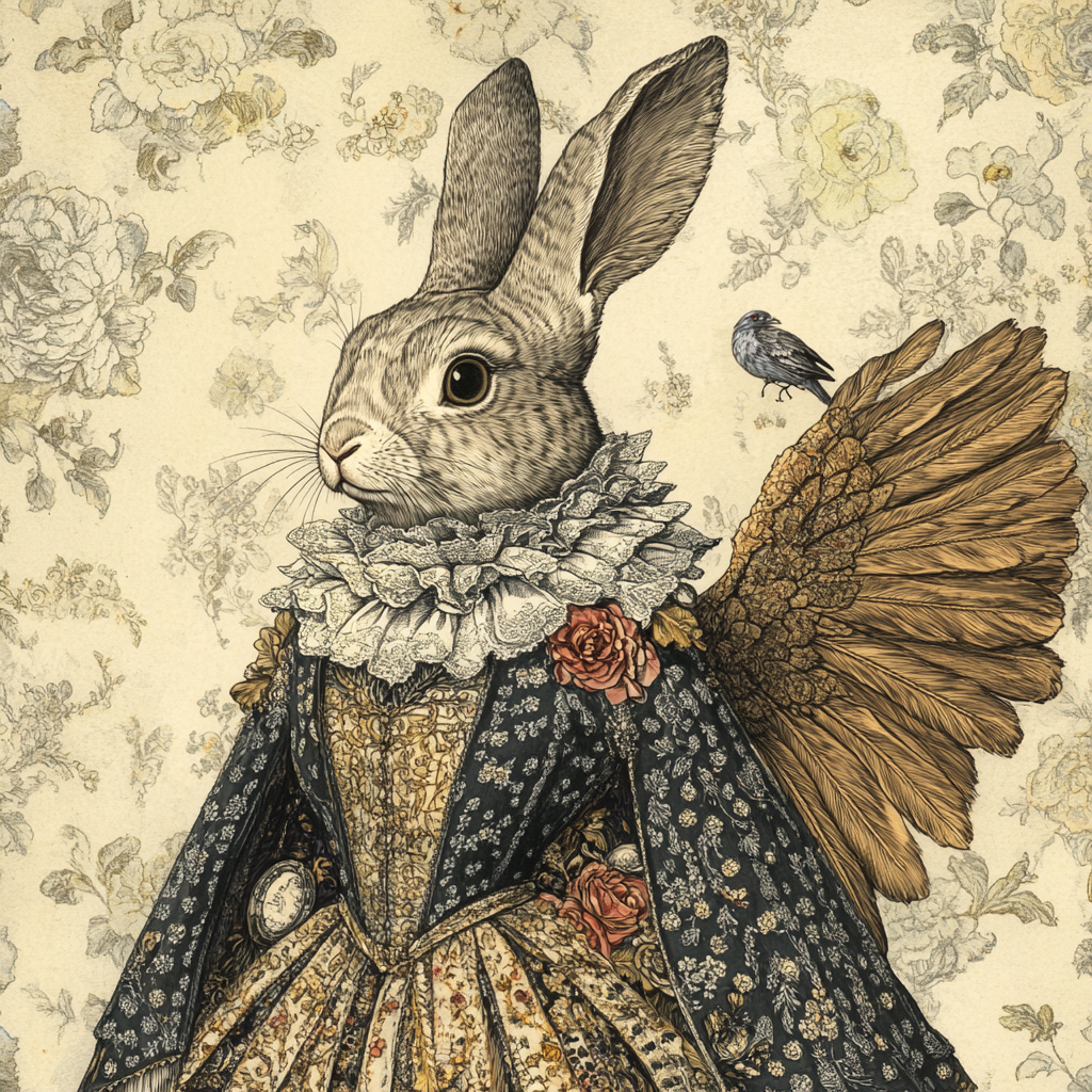 Whimsical Rabbit in Victorian Garb with Fantastical Wings