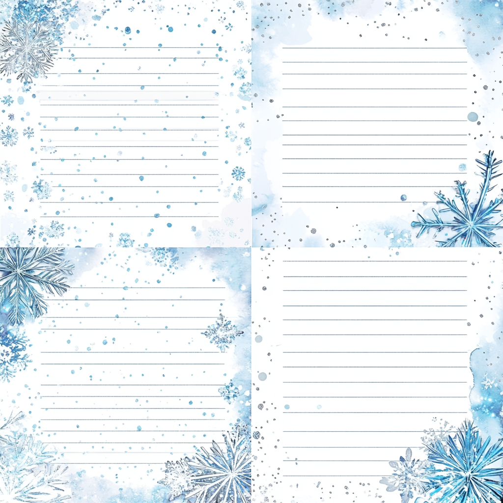 Whimsical Snowflake Border on Lined Stationery Sheets